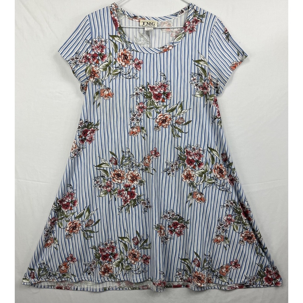 GUC TMG New York Womens Blue White Striped Floral A-Line Mini Dress L USA Made